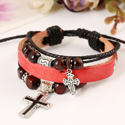 Men&apos;s Fashion Accessories Cross Woven Hand Chain Top Layer Leather Alloy Charm Bracelets