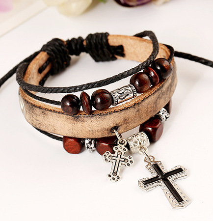 Men&apos;s Fashion Accessories Cross Woven Hand Chain Top Layer Leather Alloy Charm Bracelets