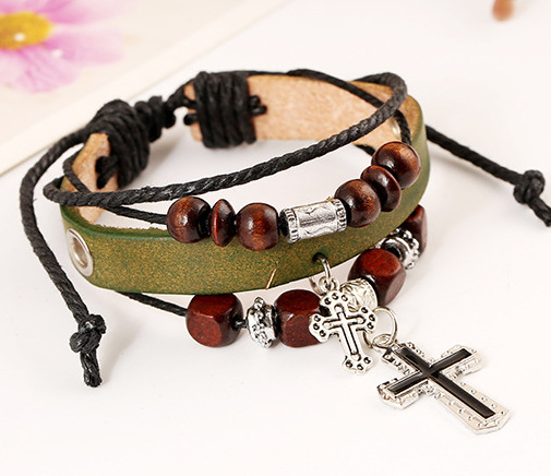 Men&apos;s Fashion Accessories Cross Woven Hand Chain Top Layer Leather Alloy Charm Bracelets