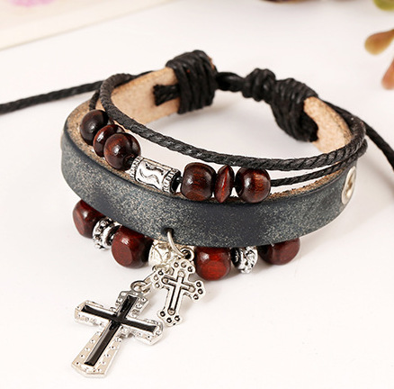 Men&apos;s Fashion Accessories Cross Woven Hand Chain Top Layer Leather Alloy Charm Bracelets