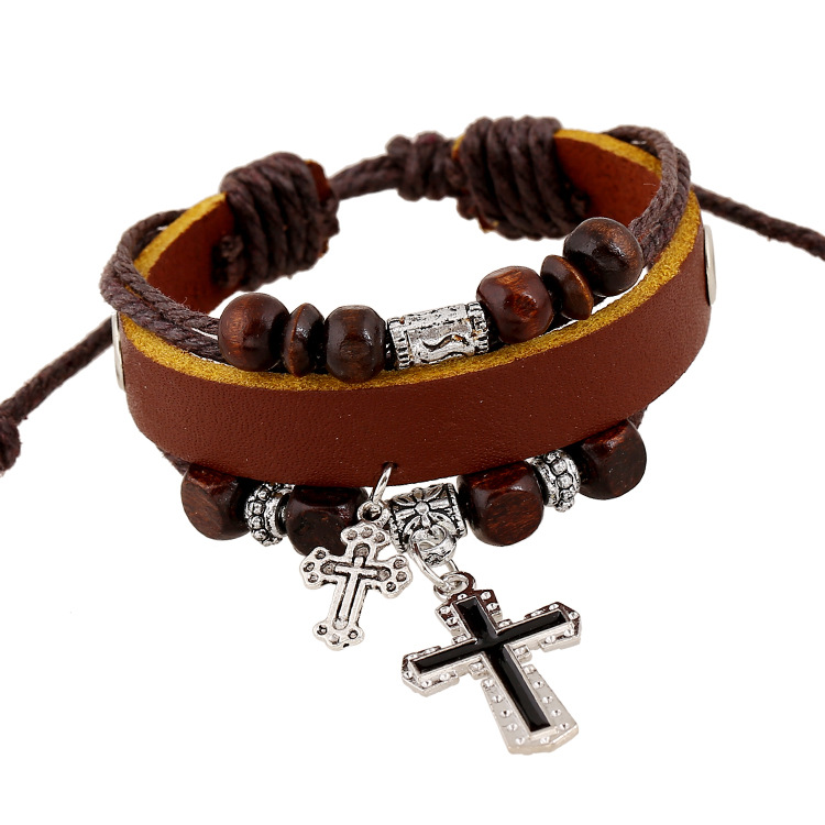 Men&apos;s Fashion Accessories Cross Woven Hand Chain Top Layer Leather Alloy Charm Bracelets