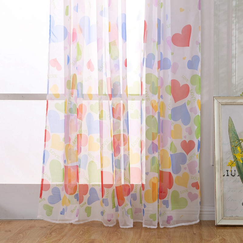 Home Window Decoration Fashion Washable Gauze Curtain Printed Love Hearts Rod Curtain