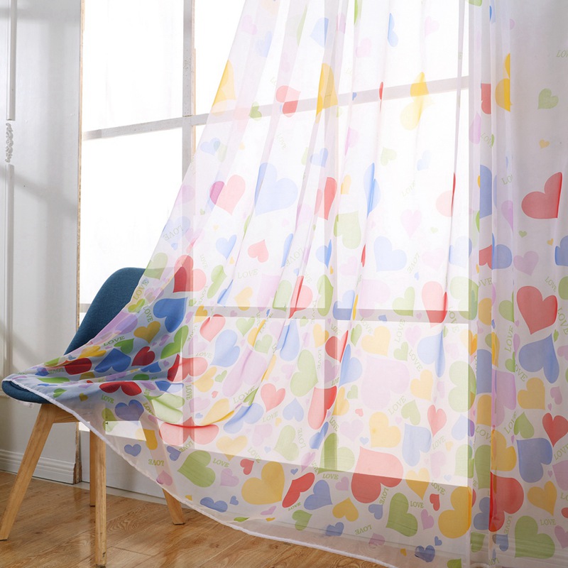 Home Window Decoration Fashion Washable Gauze Curtain Printed Love Hearts Rod Curtain