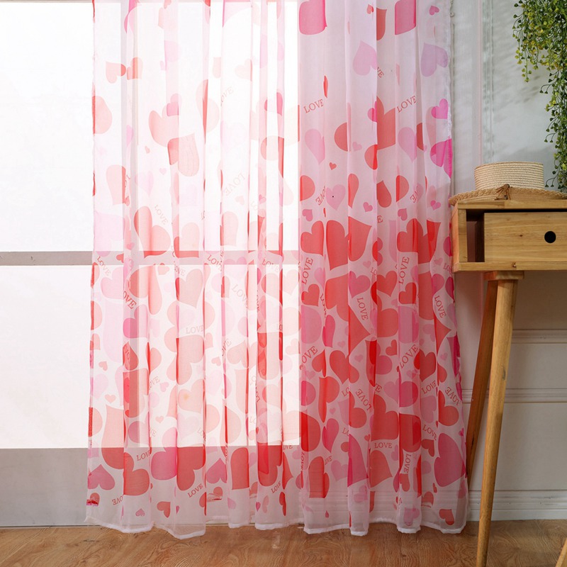 Home Window Decoration Fashion Washable Gauze Curtain Printed Love Hearts Rod Curtain