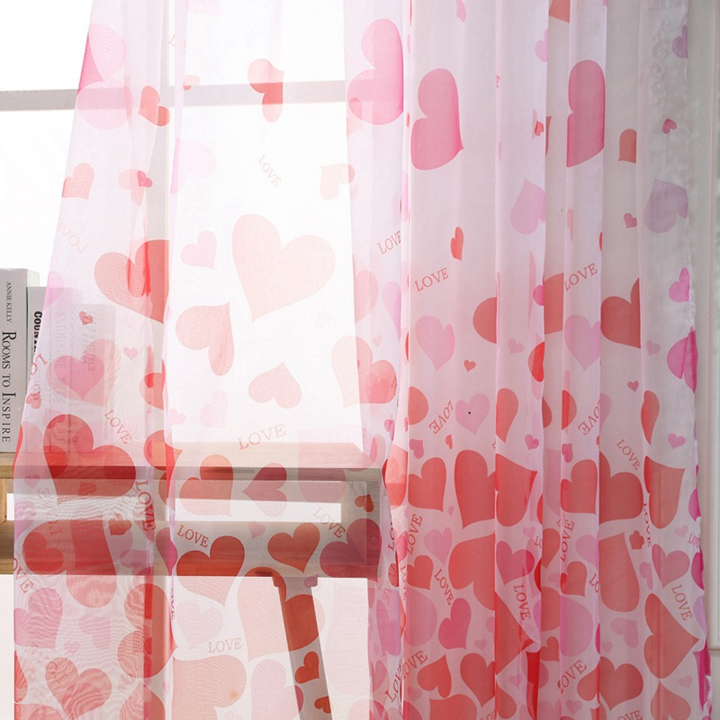 Home Window Decoration Fashion Washable Gauze Curtain Printed Love Hearts Rod Curtain