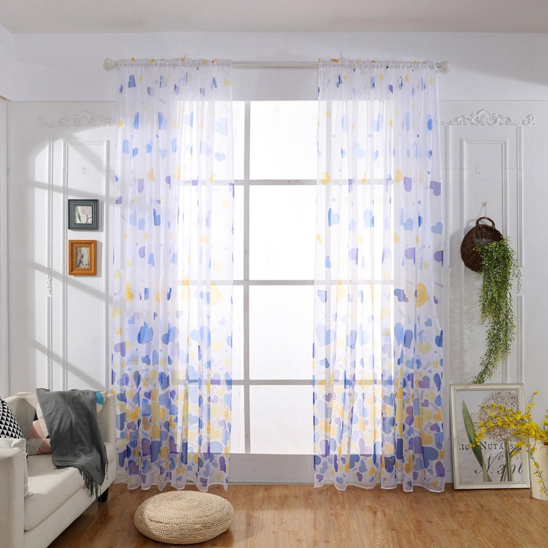 Home Window Decoration Fashion Washable Gauze Curtain Printed Love Hearts Rod Curtain