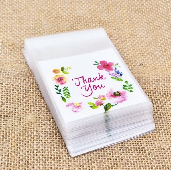 100pcs/set Rose Flower Plastic Bags Thank You Bags Wedding Party Craft Self Plastic Biscuit Bag