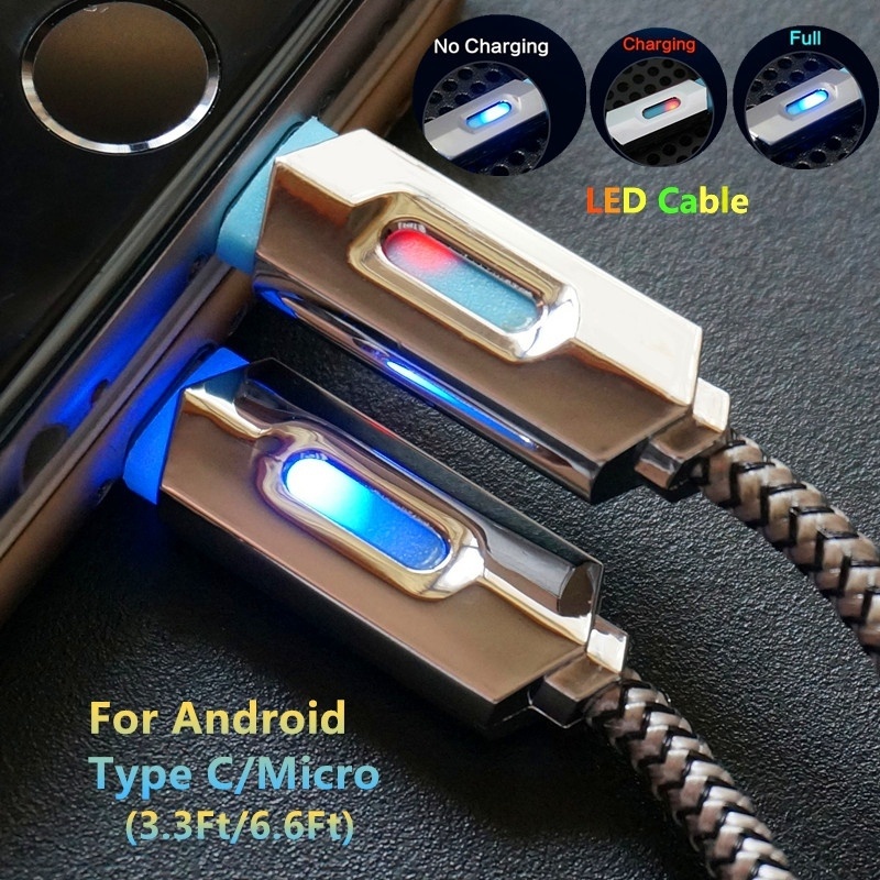 Nylon Braided LED Lighting Cables Micro USB Data Cable Fast Charging Cable for iPhone Android Phones