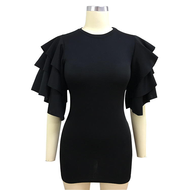 Round Neck Multi-color Ruffled Dress Mother&apos;s Day Short-sleeved Bag Hip Skirt Dress Nightclub Skirt