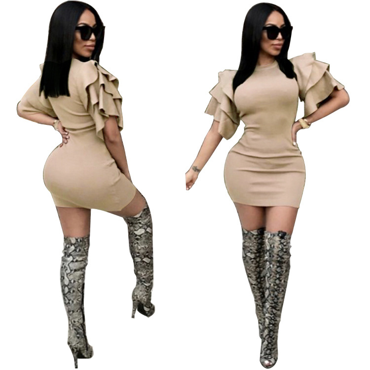 Round Neck Multi-color Ruffled Dress Mother&apos;s Day Short-sleeved Bag Hip Skirt Dress Nightclub Skirt