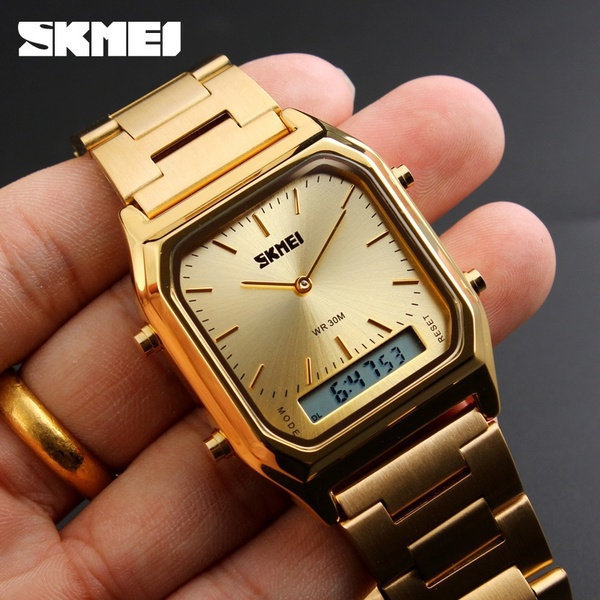 SKMEI Men Digital Quartz Watches Stainless Steel Strap 2 Time Zone Chronograph Waterproof Watch