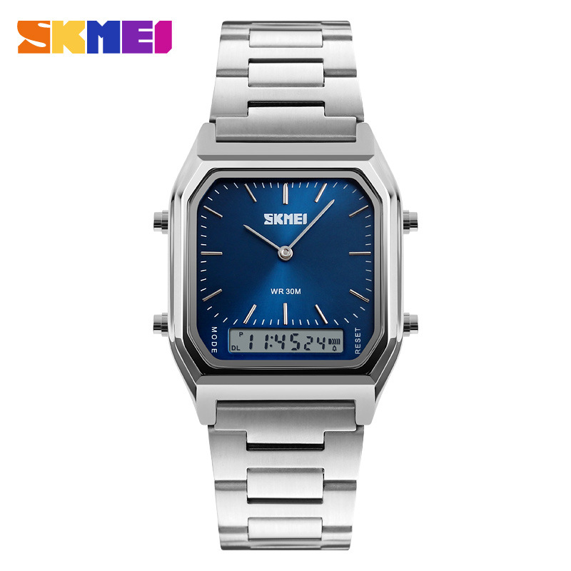 SKMEI Men Digital Quartz Watches Stainless Steel Strap 2 Time Zone Chronograph Waterproof Watch