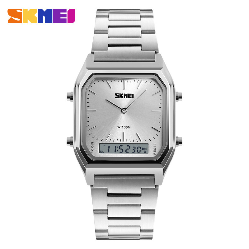 SKMEI Men Digital Quartz Watches Stainless Steel Strap 2 Time Zone Chronograph Waterproof Watch