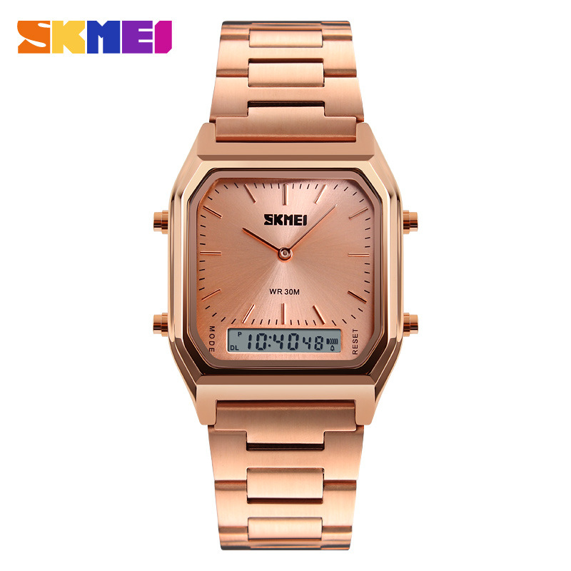 SKMEI Men Digital Quartz Watches Stainless Steel Strap 2 Time Zone Chronograph Waterproof Watch