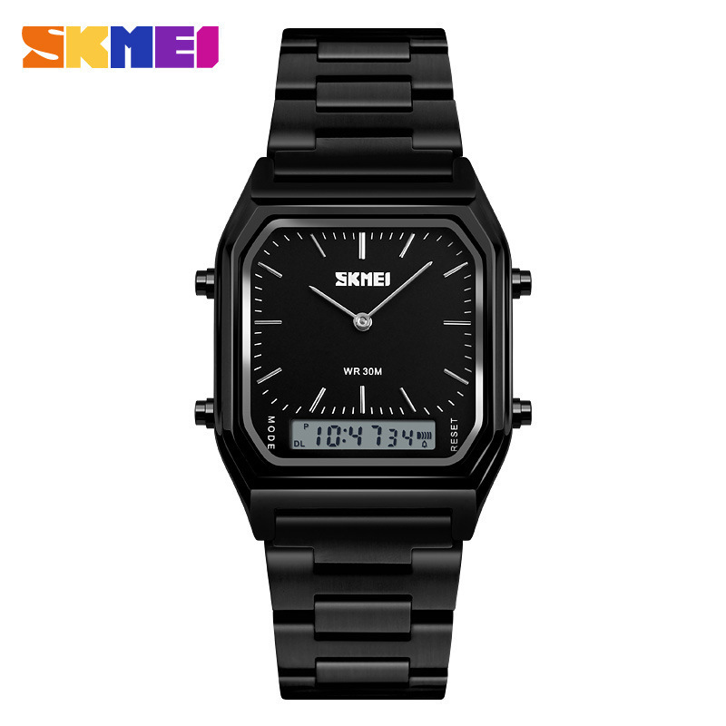 SKMEI Men Digital Quartz Watches Stainless Steel Strap 2 Time Zone Chronograph Waterproof Watch