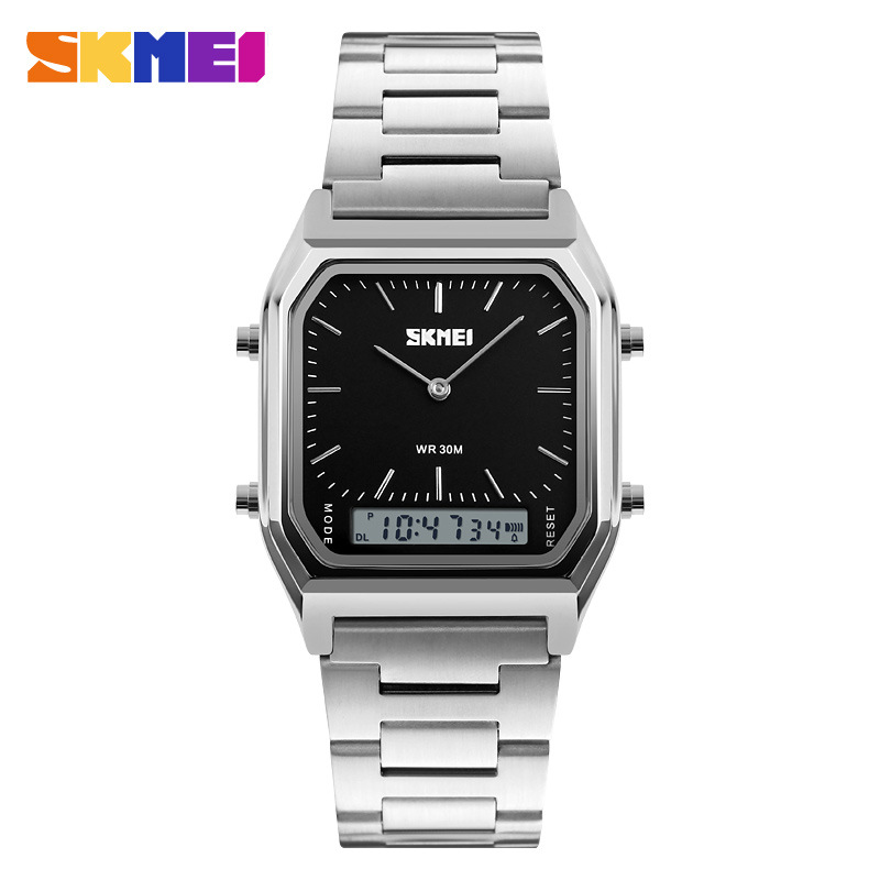 SKMEI Men Digital Quartz Watches Stainless Steel Strap 2 Time Zone Chronograph Waterproof Watch