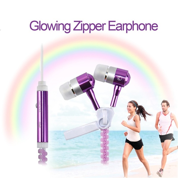 3.5 Mm In-ear Luminous Zipper Stereo Hands-free Headphone Earphone Earbud + Mic