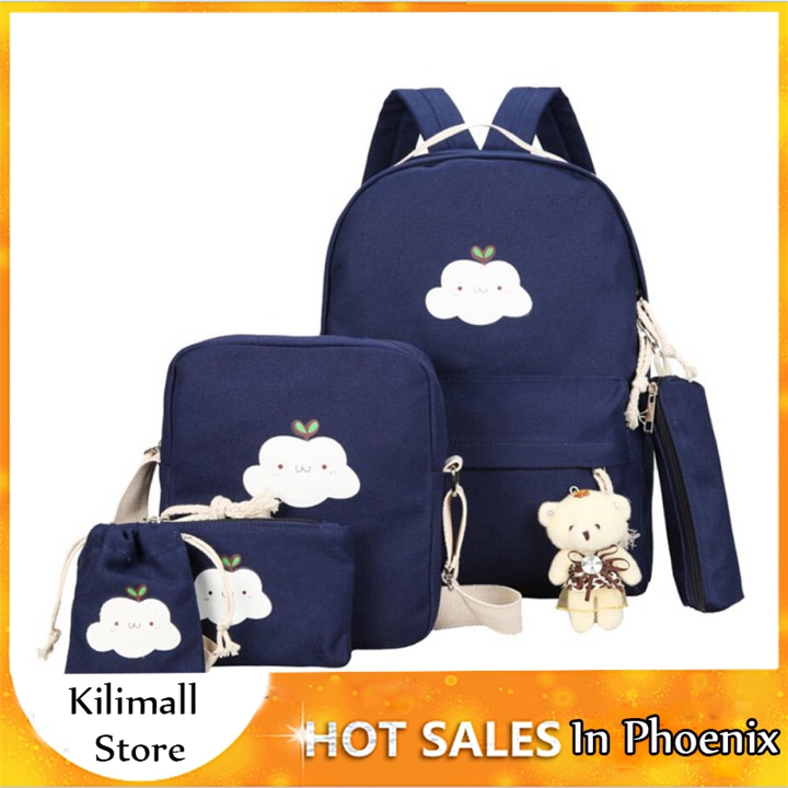 6 Pcs/Set Fashion Women Canvas Backpack Cloud Printed Shoulder Bags Pencil Case Girl School Bag