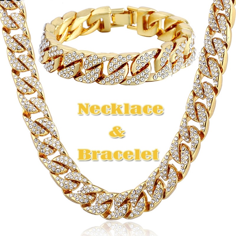Hip Hop 18K Gold Plated Iced Out Shiny Simulated Clear Cuban Chain Necklace &amp; Bracelet  Jewelry