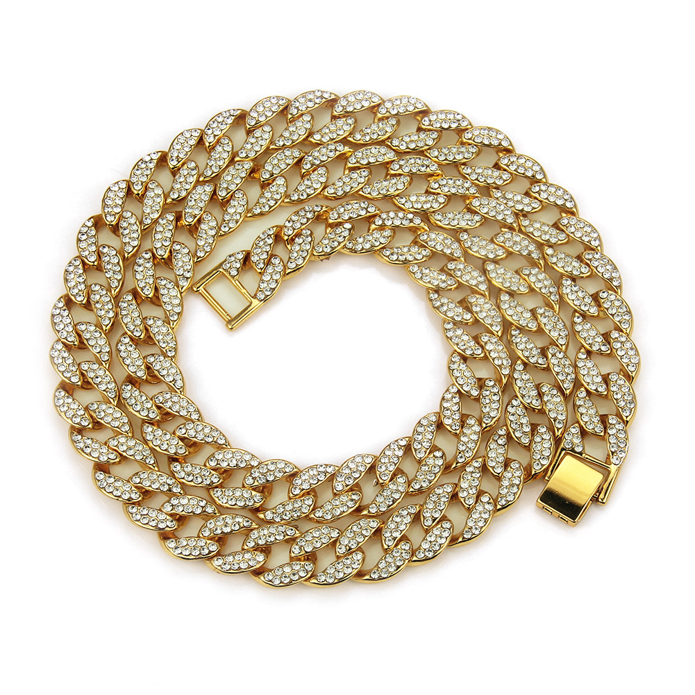 Hip Hop 18K Gold Plated Iced Out Shiny Simulated Clear Cuban Chain Necklace &amp; Bracelet  Jewelry