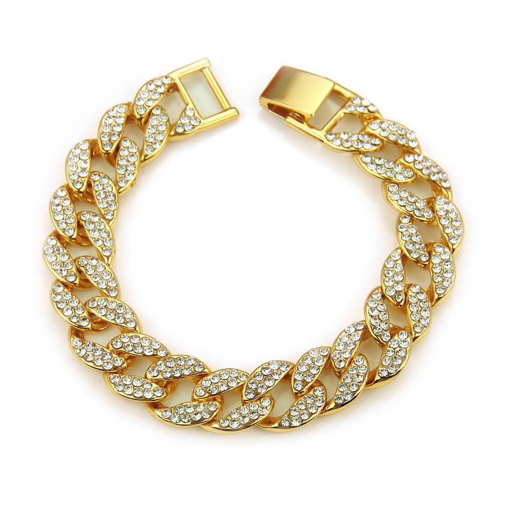 Hip Hop 18K Gold Plated Iced Out Shiny Simulated Clear Cuban Chain Necklace &amp; Bracelet  Jewelry