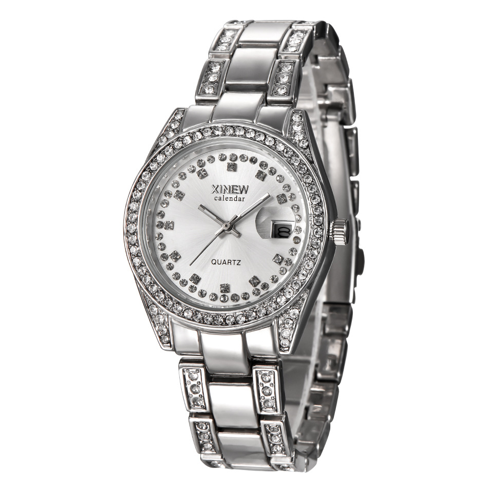 XINEW Women Watches Stainless Steel Date Women's Fashion Lady Quartz Wrist Watch
