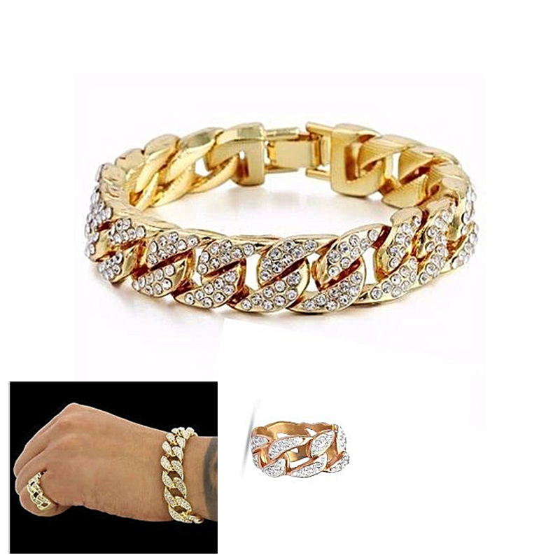 Men&apos;s Fashion Iced Out Stone Hand Chain With Ring Jewellery Cuban Gold Hand Chain And Ring