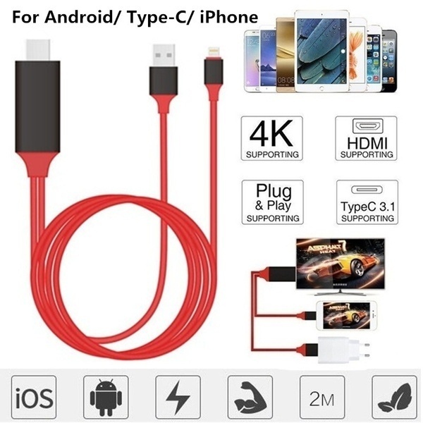 2M Digital AV Adapter Cord 8 Pin to HDMI USB HDMI Smart Converter Cable for Android iPhone Type C