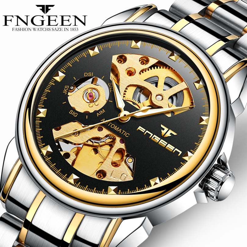 FNGEEN Automatic Mechanical Generation of Business Double-sided Hollow Waterproof watch