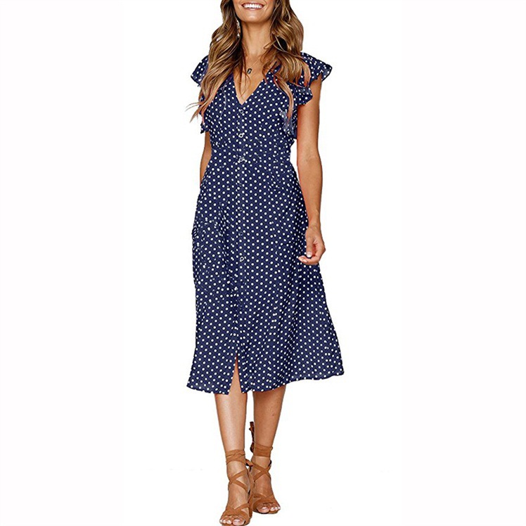 Women's Short-sleeved V-neck Wave point Straps Europe and America Wave Dress Long Skirt