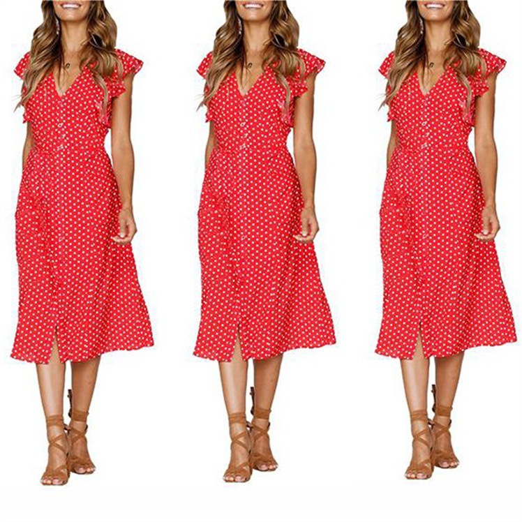 Women's Short-sleeved V-neck Wave point Straps Europe and America Wave Dress Long Skirt