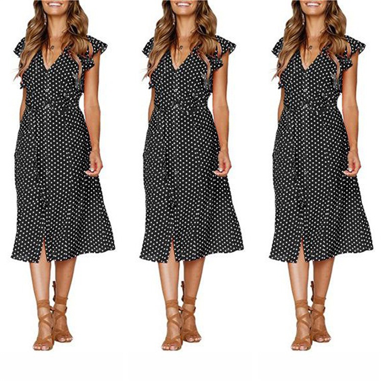 Women's Short-sleeved V-neck Wave point Straps Europe and America Wave Dress Long Skirt