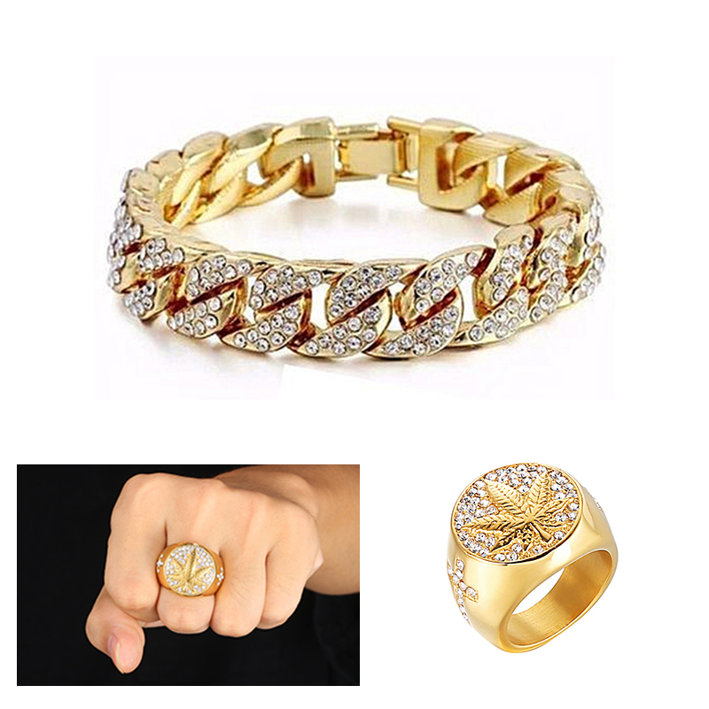 Men&apos;s Leaf Iced Out Stone Hand Chain With Ring Jewellery Cuban Gold Hand Chain And Ring