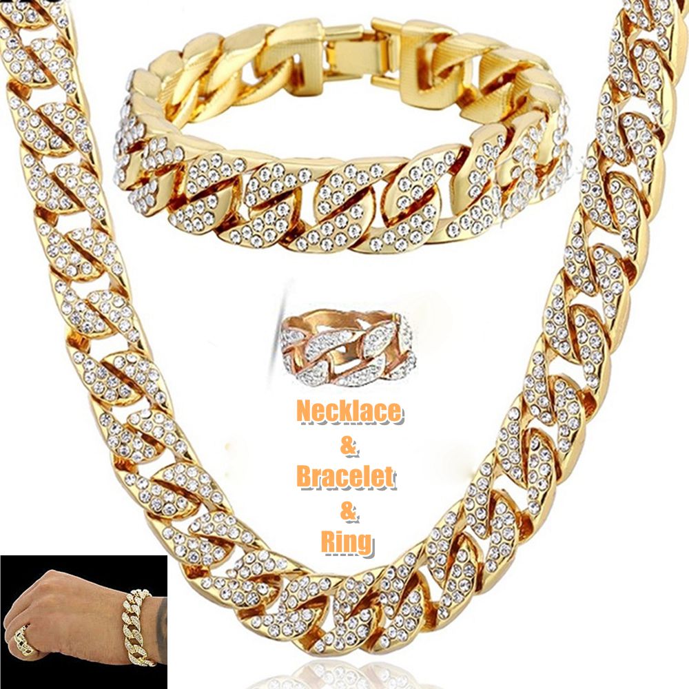 Hip Hop 18K Gold Plated Iced Out Shiny Simulated Clear Cuban Chain Necklace &amp; Bracelet&amp;Ring Jewelry
