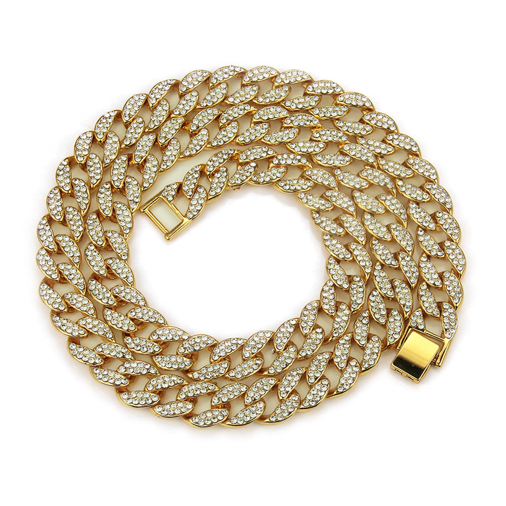 Hip Hop 18K Gold Plated Iced Out Shiny Simulated Clear Cuban Chain Necklace &amp; Bracelet&amp;Ring Jewelry