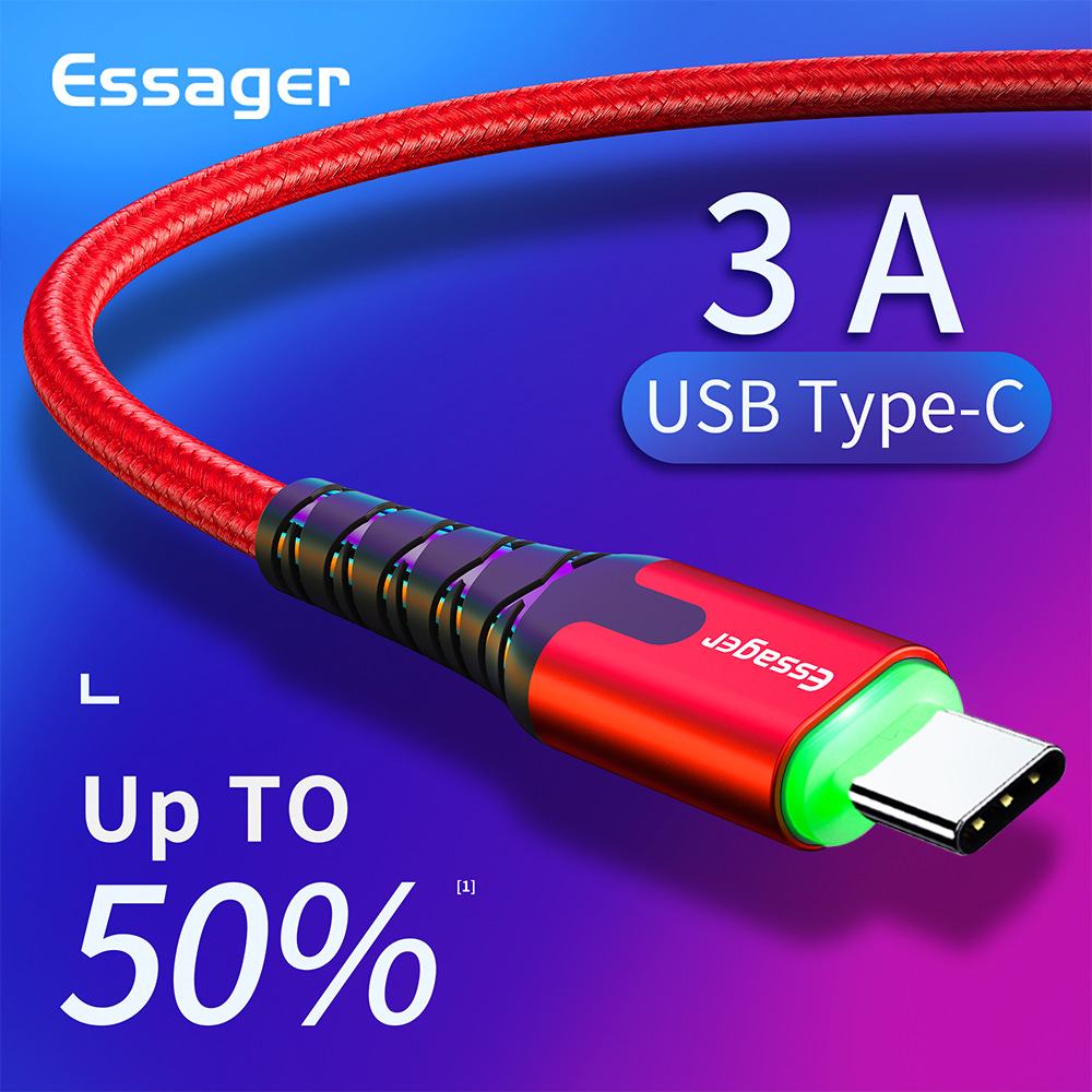 Essager LED USB Type C Cable Fast Charge Wire Cord 3m USBC Cable for Xiaomi