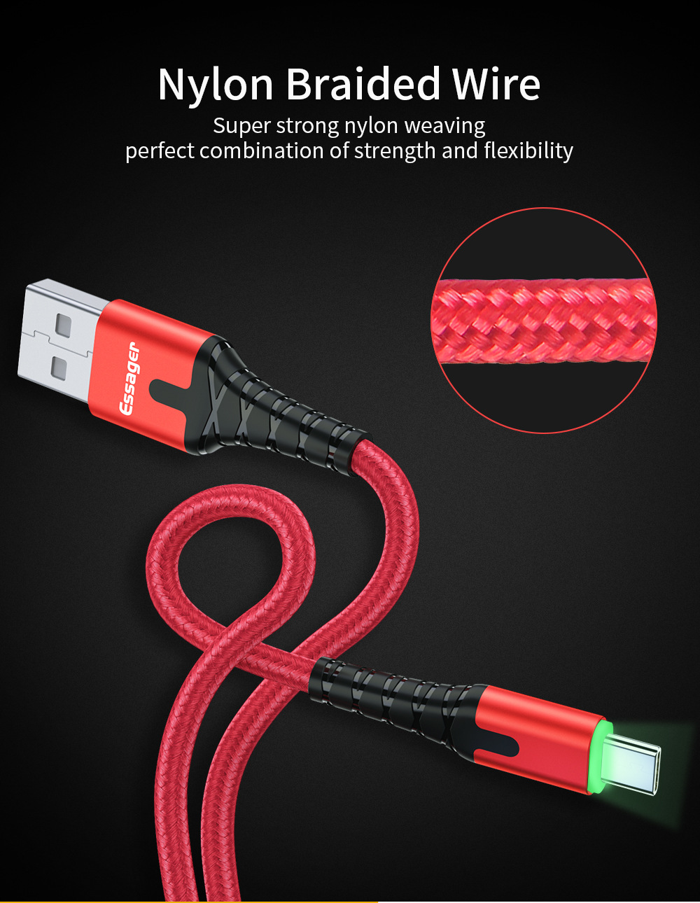Essager LED USB Type C Cable Fast Charge Wire Cord 3m USBC Cable for Xiaomi