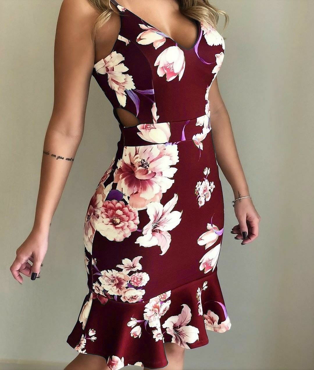 Sexy Women Summer Dresses Sleeveless Floral Printed Bodycon Holiday Party Short Mini Dress