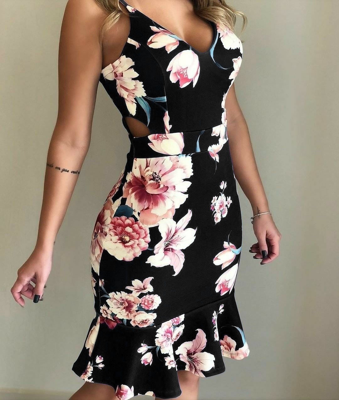 Sexy Women Summer Dresses Sleeveless Floral Printed Bodycon Holiday Party Short Mini Dress