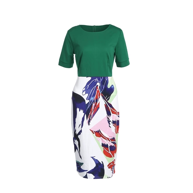 Women Elegant Casual Work Business Office Classic Belt Printing Patchwork Bodycon Pencil Dress