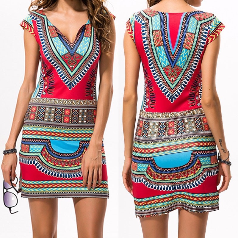 Women Sexy Bohemian Short Sleeve V-Neck Dress Bodycon Casual Dresses