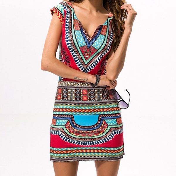 Women Sexy Bohemian Short Sleeve V-Neck Dress Bodycon Casual Dresses