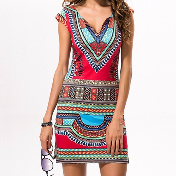 Women Sexy Bohemian Short Sleeve V-Neck Dress Bodycon Casual Dresses
