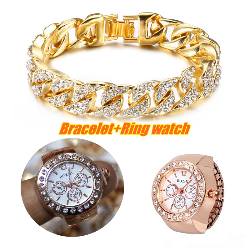 Men&apos;s Fashion Iced Out Stone Hand Chain With Ring Watch Jewellery Cuban Gold Hand Chain And Ring