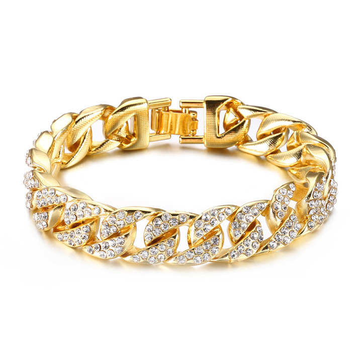 Men&apos;s Fashion Iced Out Stone Hand Chain With Ring Watch Jewellery Cuban Gold Hand Chain And Ring