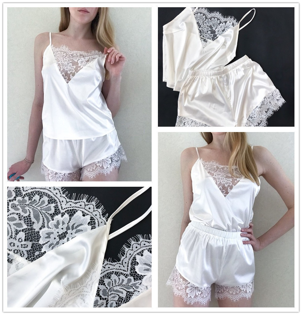 Women Pijama Mujer Sexy Sleepwear Sleeveless Strap Nightwear Lace Trim Satin Cami Top Pajama Sets
