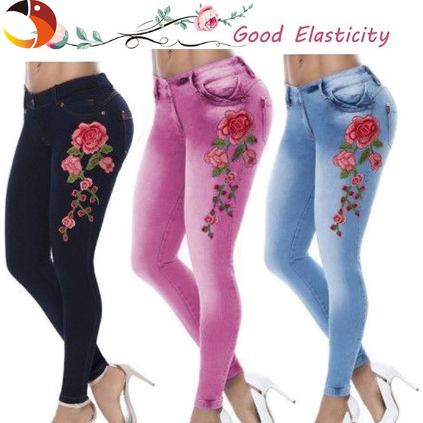 Women's Sexy Floral Print Skinny Jeans Casual Elastic Denim Long Pants Trousers Bottoms Dress Pants