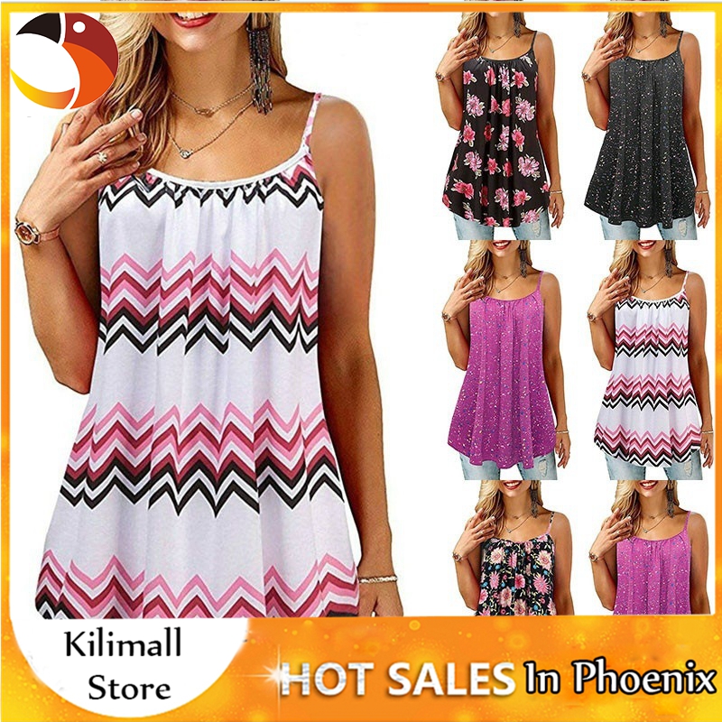 Summer Plus Size Tank Top for Women Spaghetti Strap Flower Print Sleeveless Casual Top
