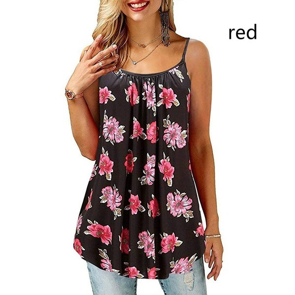 Summer Plus Size Tank Top for Women Spaghetti Strap Flower Print Sleeveless Casual Top