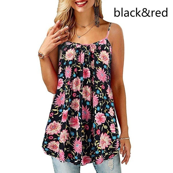 Summer Plus Size Tank Top for Women Spaghetti Strap Flower Print Sleeveless Casual Top